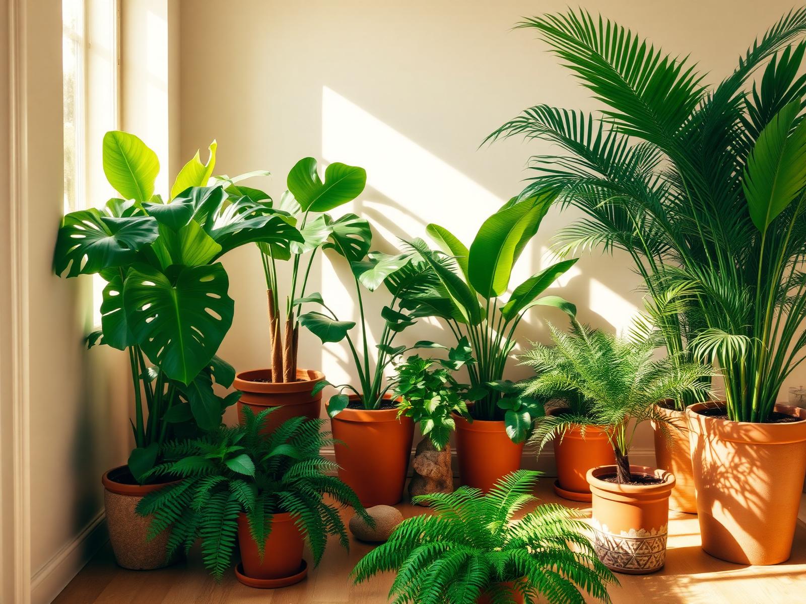 A sunlit indoor plant collection